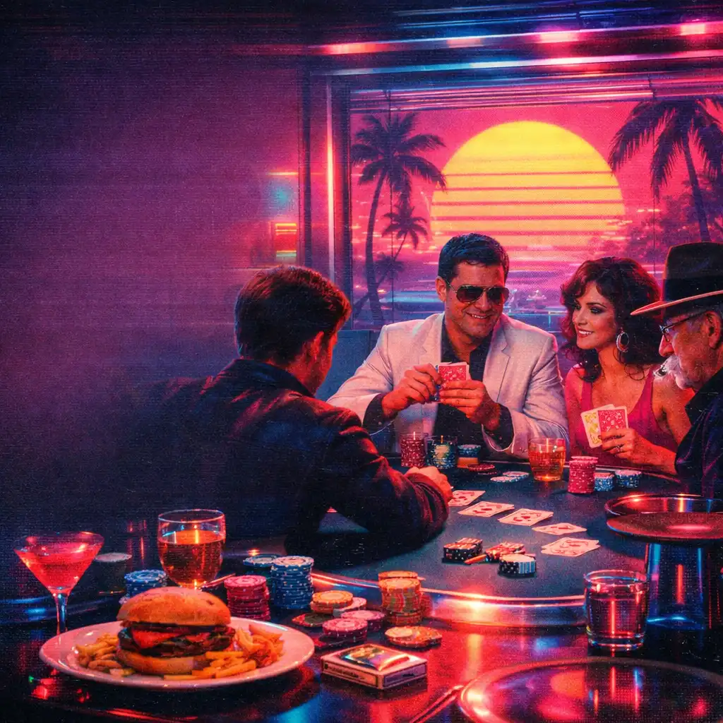 Neon fényű pókerasztal vacsorával és társasággal