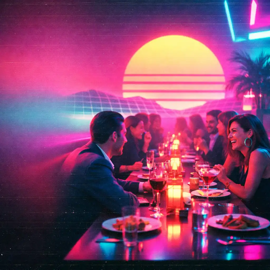 Neon fényekkel megvilágított társasági vacsora hangulat